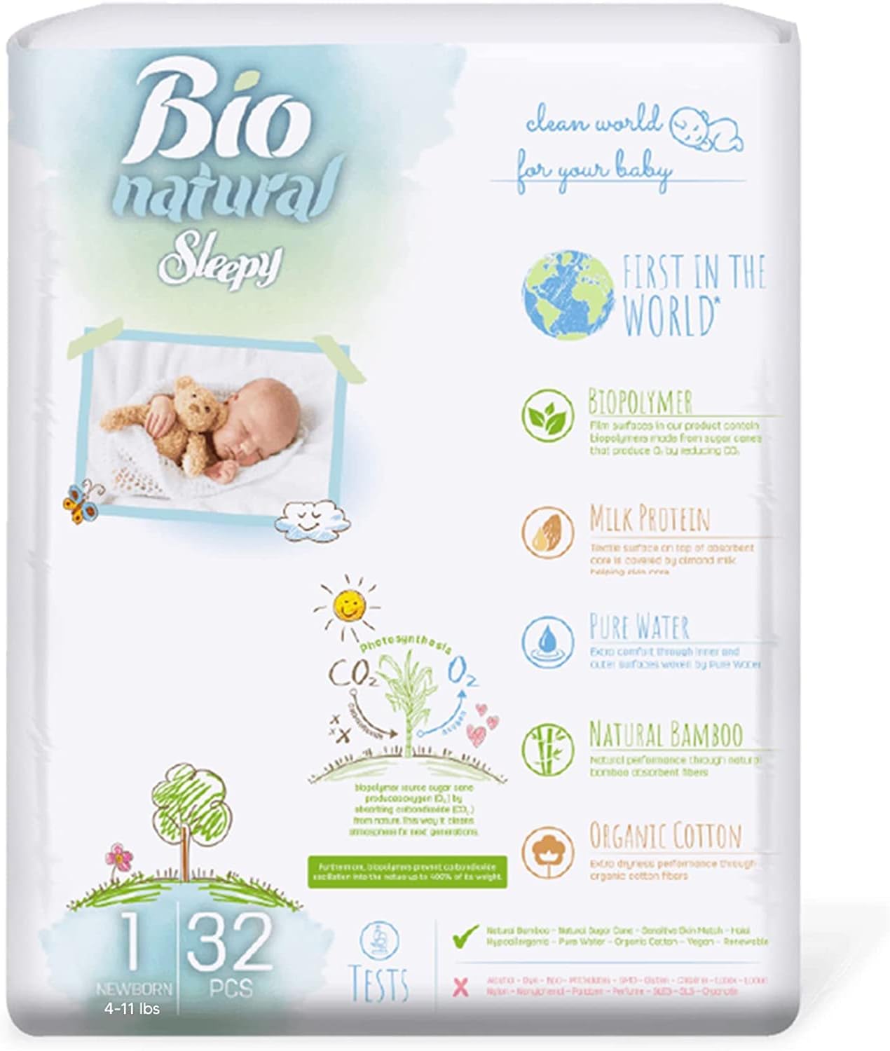 Bio-Natural Sleepy Baby Diapers, Made from Organic Cotton and Bamboo Extract, Ultimate Comfort and Dryness, Wetness Indicator, Comes with The Baby Wipes, (1 New Born 4-11 Lbs Count- 32 PCs)|SOHO - Image 2